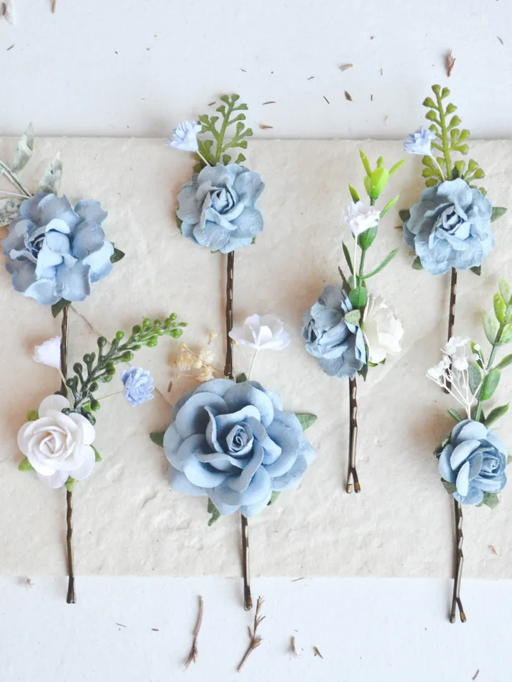 Dusty blue set of 5 pcs/7 pcs/12 pcs bobby pins, Wedding hair accessories, Bridal hair pins, Flower accessories