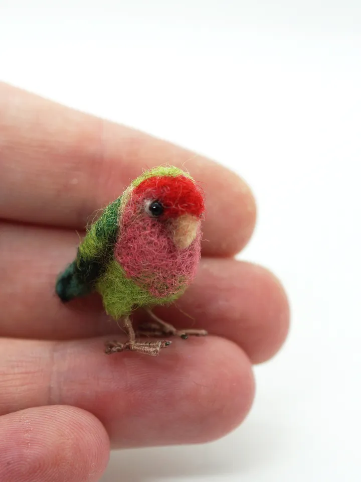 Miniature needle felted lovebird, tiny parakeet, pet portrait, peach faced lovebird
