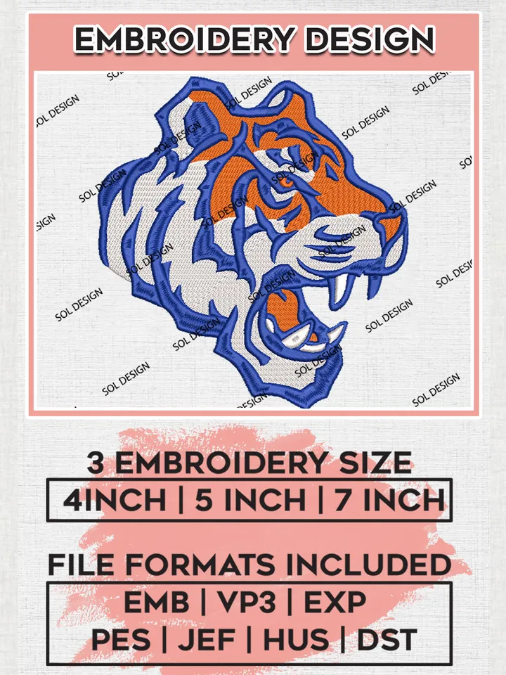 NCAA Savannah State Tigers Team Head Mascot Logo Embroidery Design Files, NCAA Savannah State Tigers Machine Embroidery, NCAA Teams, 3 sizes, NCAA Machine embroidery designs, Digital Download