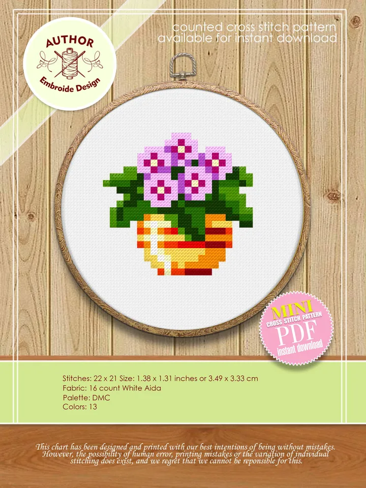 Mini plant cross stitch pattern download PDF Violet flowers cross stitch chart, Quick beginner stitch, Tiny embroidery Plant lover gift #P26