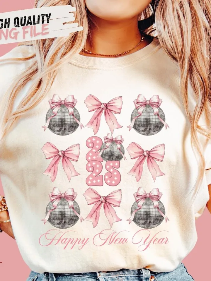 Happy New Year 2025 Png, Disco Ball New Year's PNG, Social Club Coquette Sublimation, Trending Disco Ball, Pink Bow New Year Sublimination