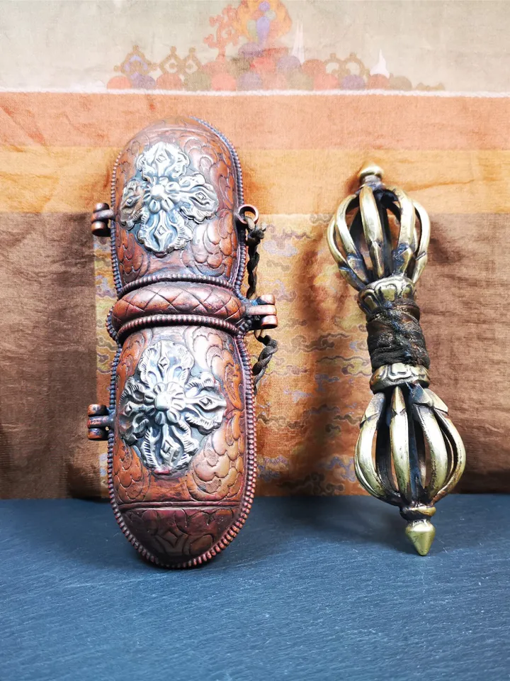 Gandhanra Vintage Vajra Dorje with Copper Case ,Tibetan Tantric Buddhism (Vajrayana) Ritual Implement,Handmade in Nepal,7.88"