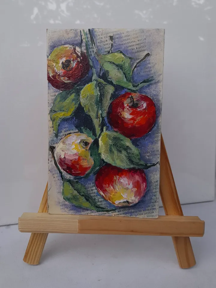 Miniature oil painting Apples on a branch 21x12,5 cm (8.28 х 5 inches)