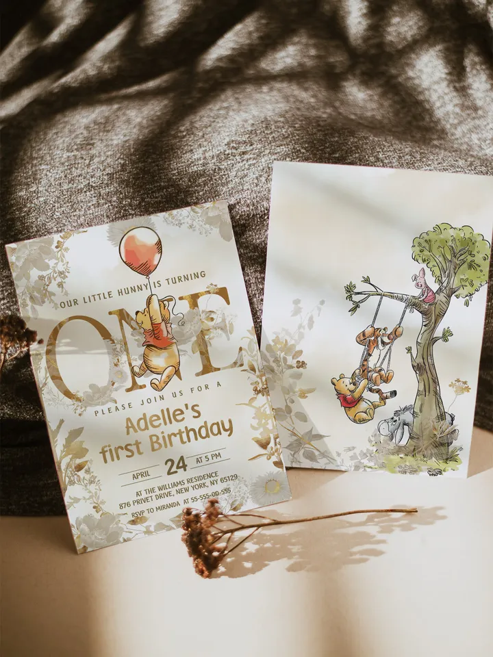 Winnie the Pooh Inspired First Birthday; Classic Winnie Pooh Invitations; Neutral Winnie Pooh Turning One; Winnie Pooh Birthday Party poom88
