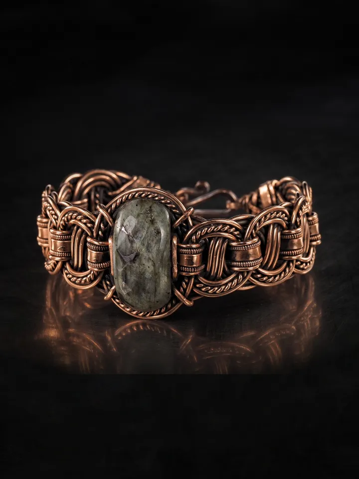 Copper wire wrapped larvikite bracelet Unique bangle 7th Wedding Anniversary