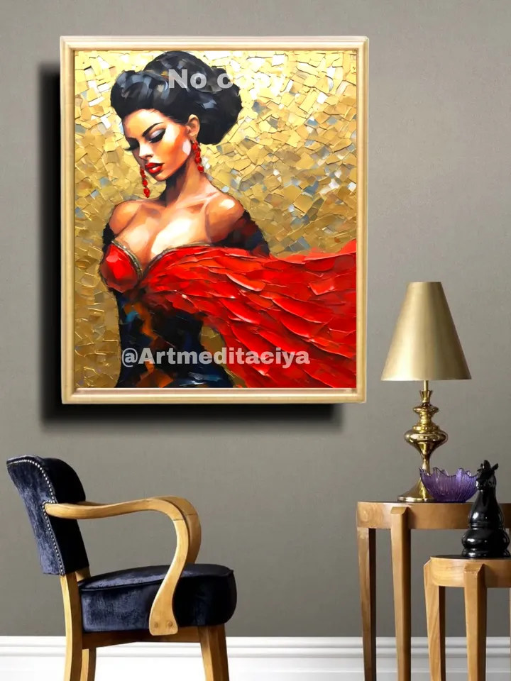 Digital abstract textural painting "Dancing Carmen" in the style of impasto palette knife oil painting on an abstract golden mosaic background with white and gray is a 3d image of a dynamic Spanish brunette with fluffy eyelashes, in a black and red neckli