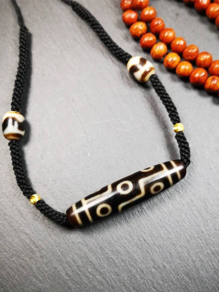 Gandhanra Antique Tibetan 9 Eyed Dzi Bead Necklace, 2.1&quot; x 0.51&quot;, 30 Years Old