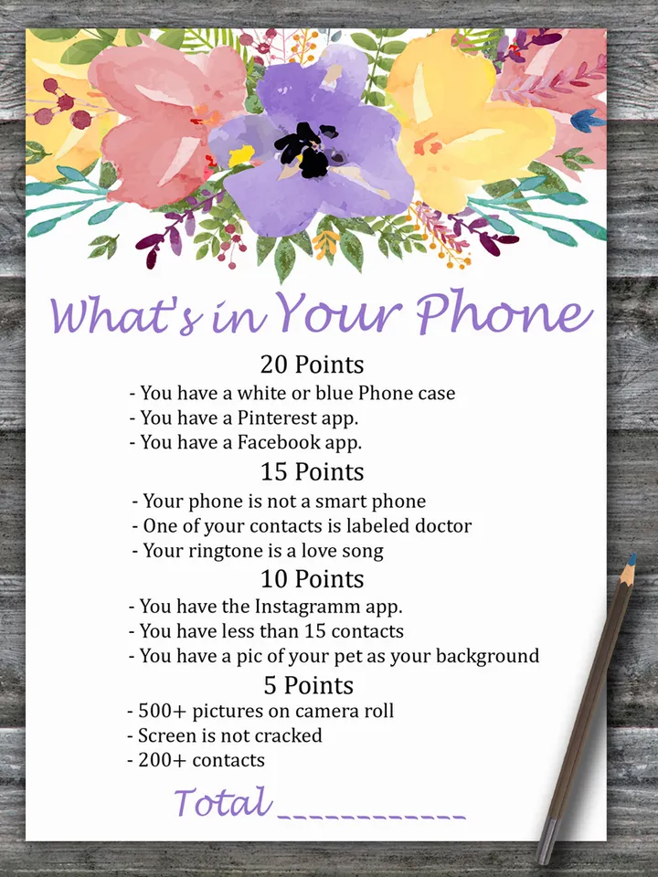 Watercolor flowers What's in Your Phone Birthday Party Game,Adult Birthday party game printable-Instant download
