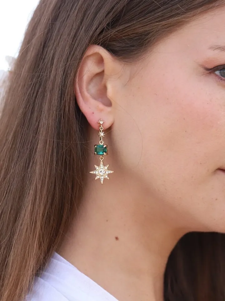 Emerald Gold Star Wedding Earrings, Moon Celestial Bridal Earrings, Boho Wedding Earrings, Statement Earrings, Wedding Jewelry