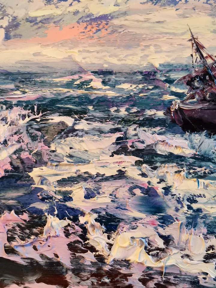 Mountains Sea Ship Ocean Sunset Original Art Oil Painting Artist Svinar Oksana