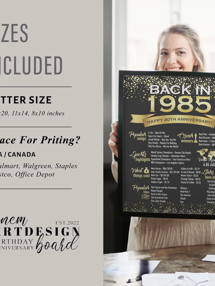 40th Anniversary Chalkboard Poster Sign, 40 Years Ago Back in 1985 USA Events, White & Gold, 1985 Work anniversary or Retire poster gifts