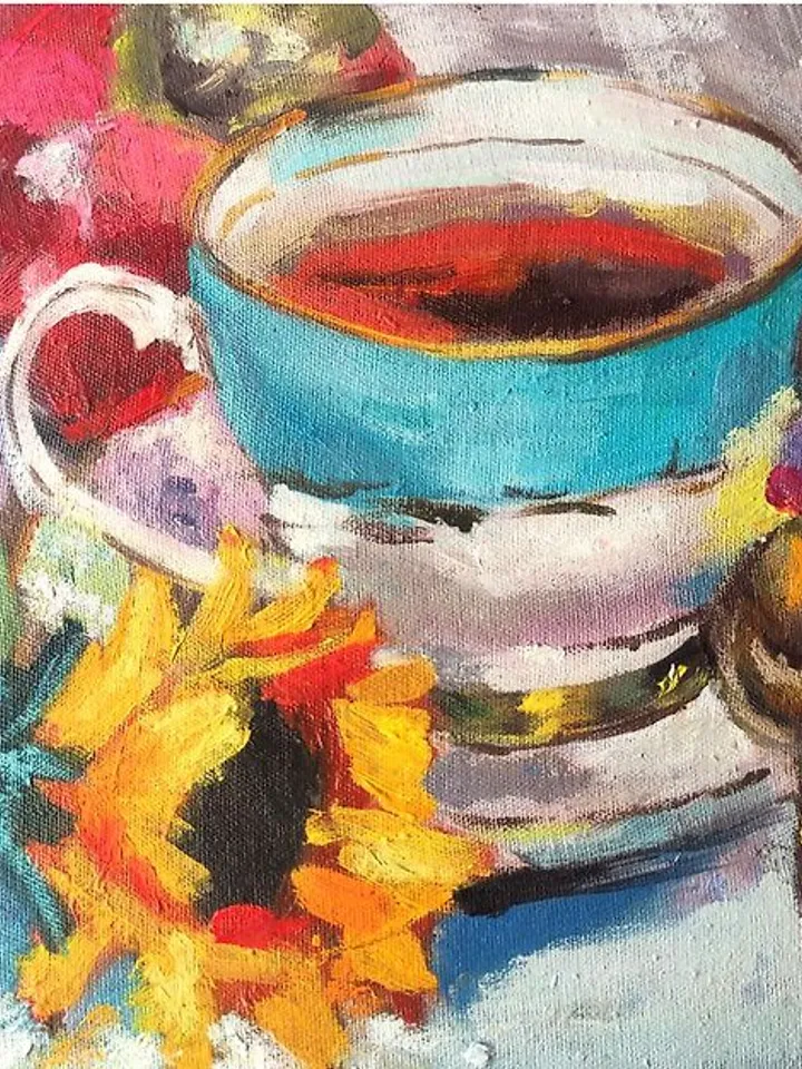 Teacup Oil Painting Sunflower Artwork Tea Painting 20 by 20 cm Floral Wall Art