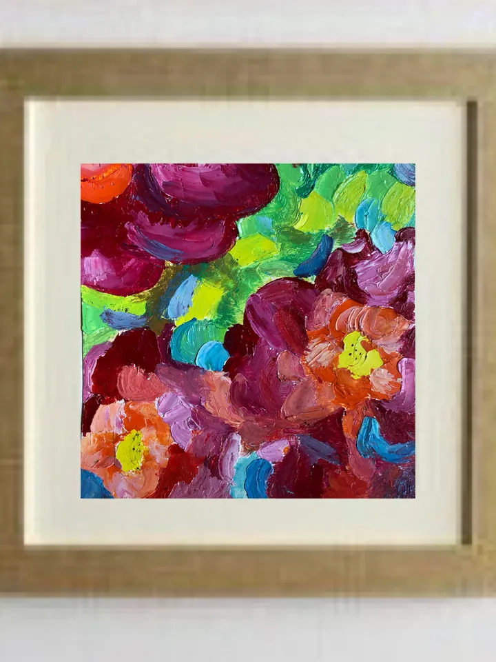 Bright flowers modern impasto painting original oil painting wall art painting 6 x 6 inches