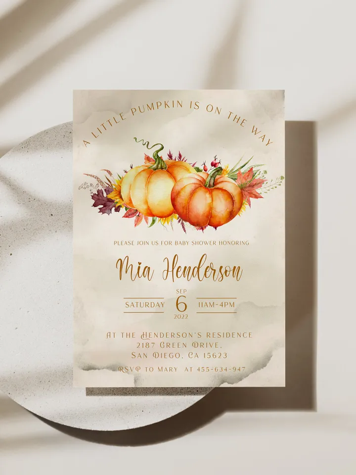 Little Pumpkin is on the way; Editable Autumn Pumpkin Baby Shower Invitation Template Canva; Fall 2022 Autumn Watercolor Pumpkin Invitation
