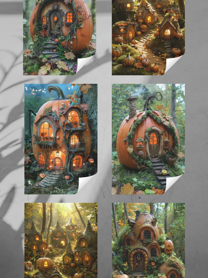 Set of 6 Enchanting Pumpkin Fairy House Postcards – Fantasy Art