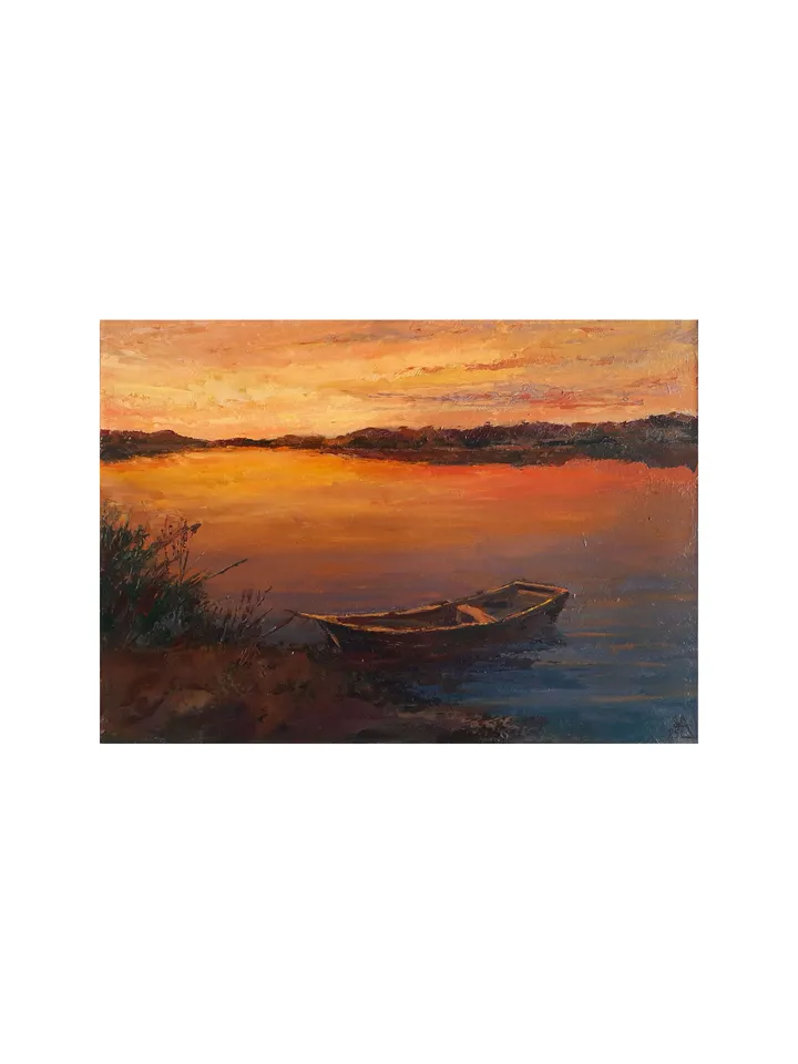 Boat in the Reeds Lake Painting 8,5x12" ORIGINAL PAINTING Sunset Landscape Impressionist Signed by artist Marina Chuchko