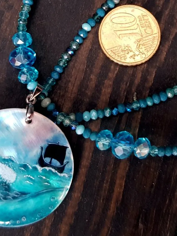 Wave necklace with viking ship, sea wave miniature painting on pearl pendant