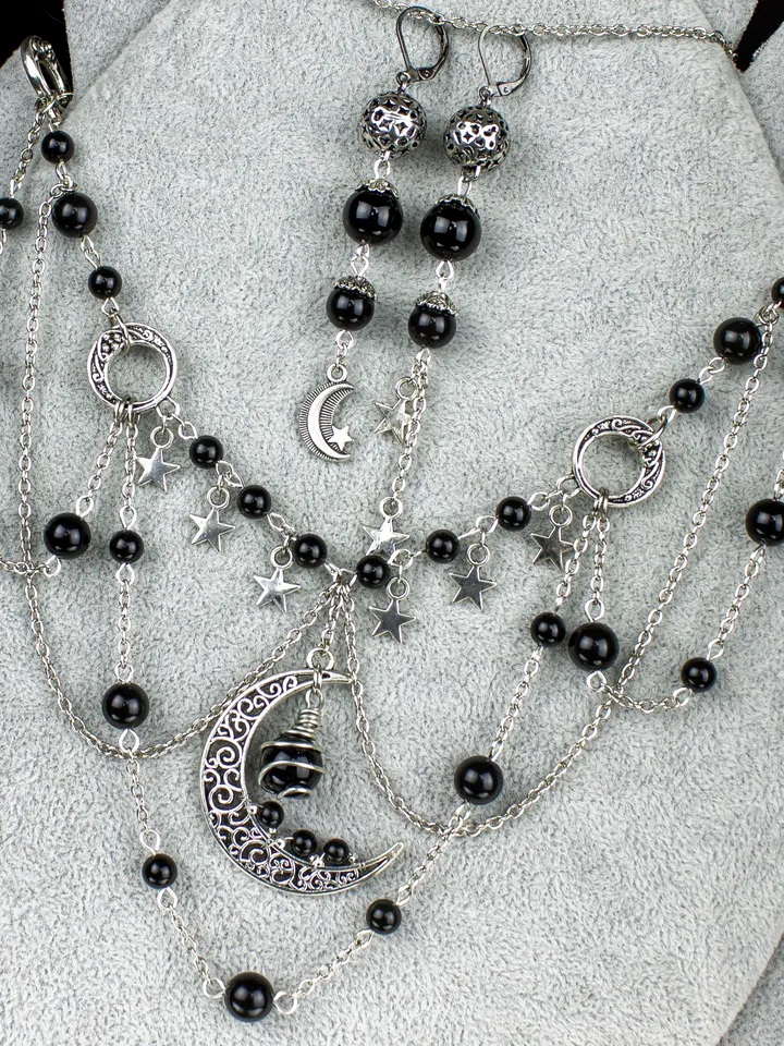 Star and moon necklace and earringsy | Boho Celestial Set | Obsidian Necklace | Vintage Moon Earrings | Unique Gift