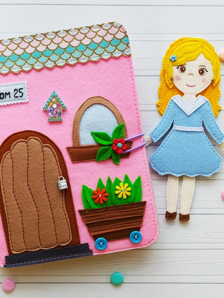 Felt Dollhouse Quiet book pattern pdf, Felt doll Pattern with clothes set, Dress up Doll, Felt book pattern for girl