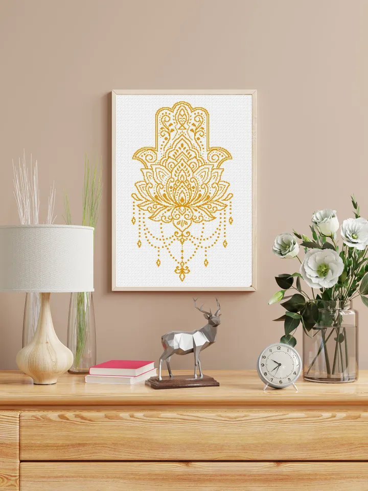 Hamsa hand cross stitch pattern PDF download Lotus mandala cross stitch chart, Hand of Fatima cross stitch, Good luck charm embroidery #M148