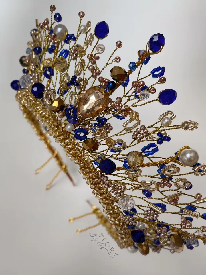 Gold and Blue crown, Gold crown, Gold tiara, Gold blue tiara, Diadem, wedding crown, Wedding headpiece, a crown for a princess, a children's tiara