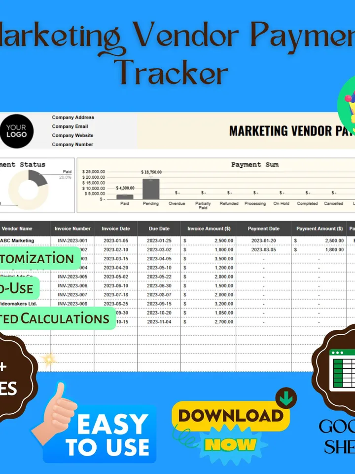 Marketing Vendor Payment Tracker Template, Editable Google Sheets, Vendor Payment Management Tool for Business