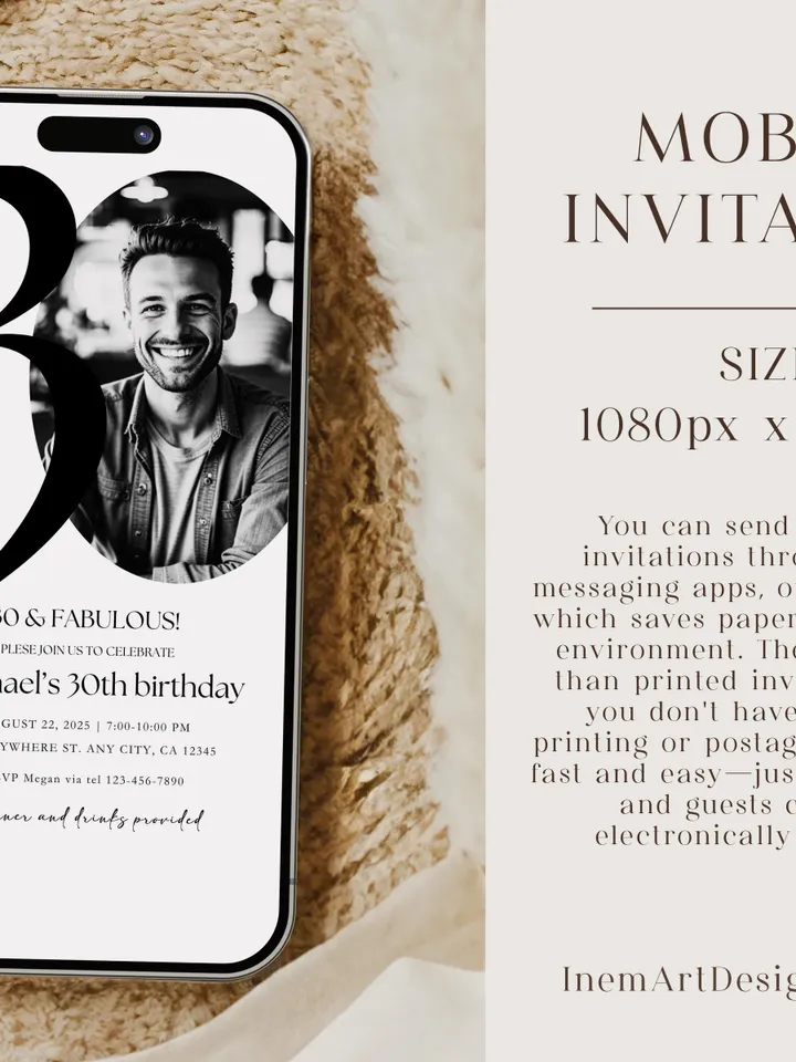 30th Birthday Party Invitation Card, Look Who's 30, Editable 30th Birthday Card Template, Printable Minimalist Birthday Photo Card Canva