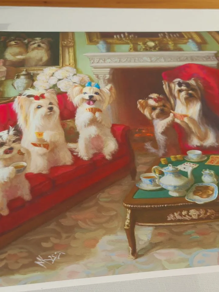 print of oil painting  dogs "Poker" Yorkshire Terriers