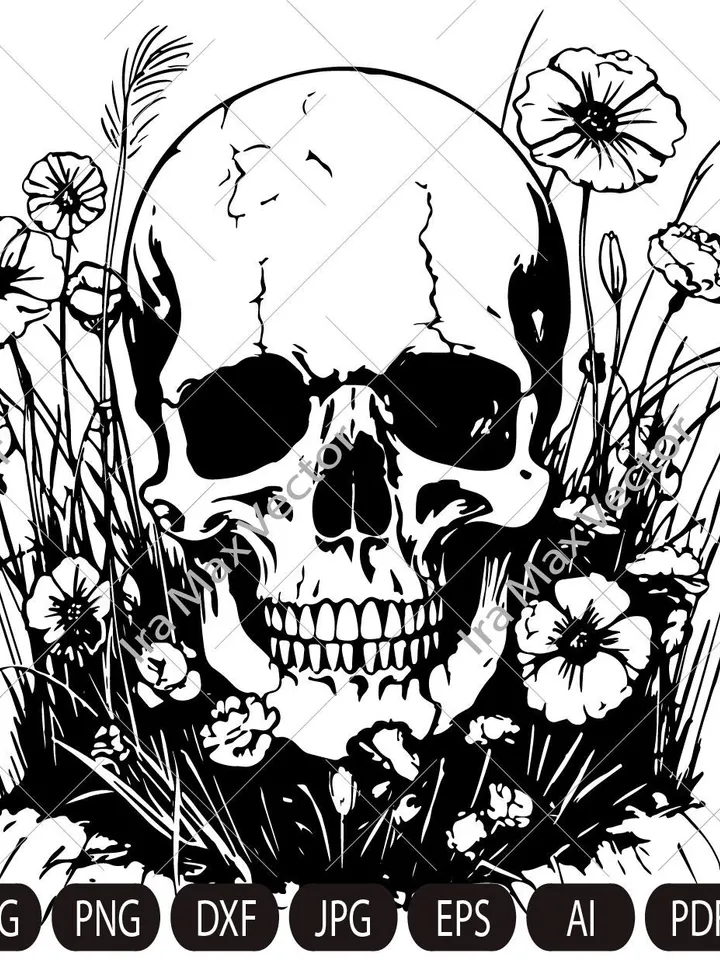 Skull svg file, Skull in the grass svg, Skull cut file,  Skull in the field , Day of death , skull png , halloween, gothic, goth