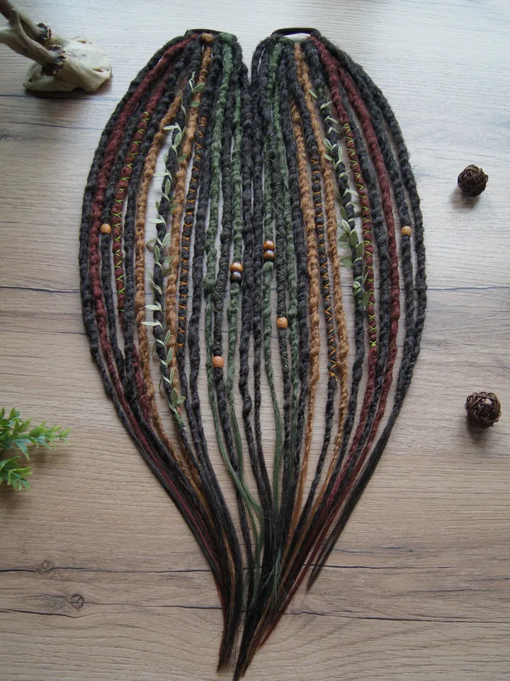 Dreads on hairband, Forest witch kit, Ponytail brown green red synthetic Dreadlocks extensions, bohemian boho style, Wig Hair Falls, cosplay