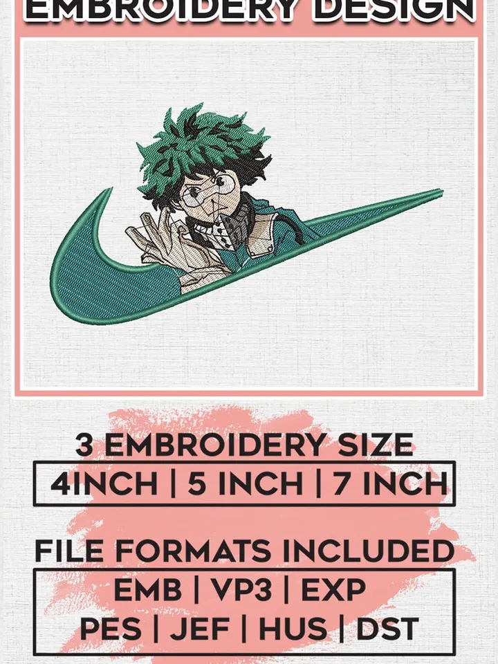 Deku Izuku Midoriya Embroidery Designs, My Hero Academi Anime Embroidery Files, Nike Embroidery Pattern, Digital Download EMB_ANIME_193