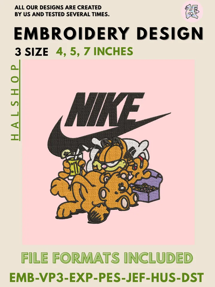 Garfield x Nike Machine Embroidery Design – Funny Cat Cartoon Digital Embroidery File 🐱