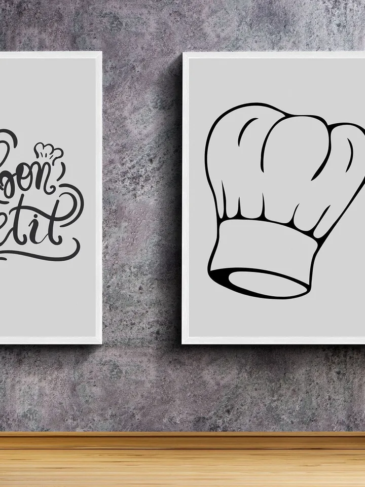 Modern Kitchen Chef Wall Decor, Bon Appetit, Set Of 2, Line drawing print, Abstract Kitchen Chef, Printable Modern Kitchen Chef