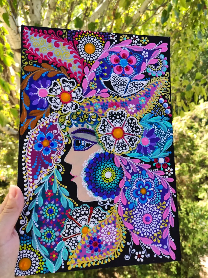 Girl Dot Painting. Floral Portrait Acrylic Original Art 30 by 20 cm / 12 by 8 ''