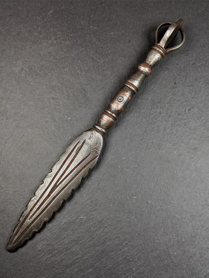 Gandhanra Tibetan Buddhism Ritual Implement,Fire Vajra Sword of Wisdom Buddha Manjushri,Made of Cold Iron inlaid Copper,8.3" Length