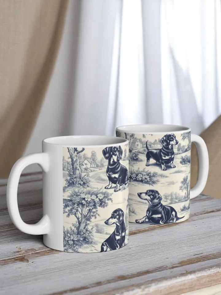 Dachshund French Toile de Jouy Mug - Blue Toile Coffee Cup for Doxie Mom, Sausage Dog Lover Gifts, Dog Tea Drinkware, Dog Mom Gift