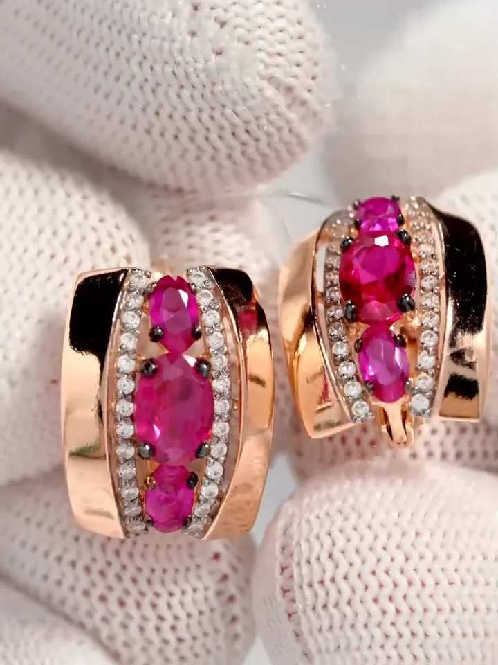 Earrings jewelry Silver gold plated 925 assay value with corundum ruby