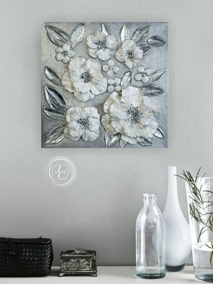 White Pearl Poppies Flower Textured artwork | Silver Glittery Original Painting Floral Art with Crystal