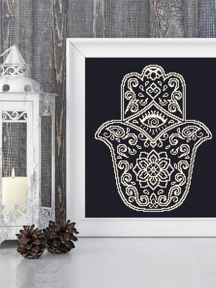 Hamsa hand cross stitch pattern download PDF, Easy mandala pattern PDF, Hand of Fatima cross stitch, Evil eye hamsa beginner stitch #M18