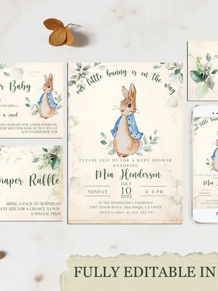 Peter Rabbit Baby Shower Invitation Set; Editable Baby Boy Bunny Invite; Rabbit Decoration Baby Shower; Greenery Bunny Baby Shower Template