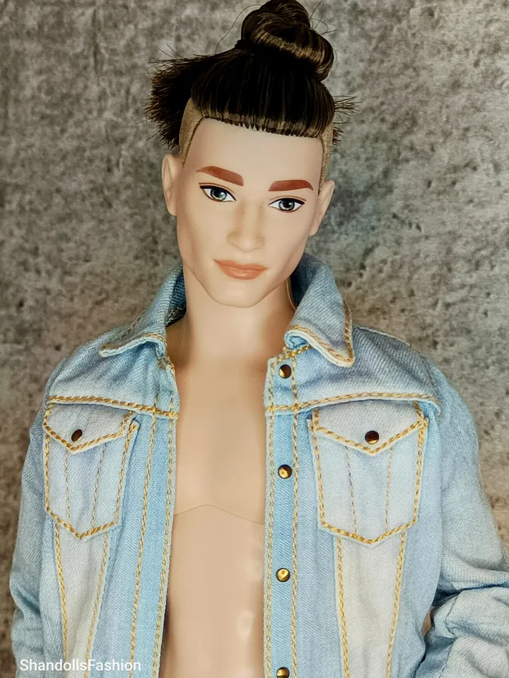 Ken's Distressed Denim Jacket and Cargo Jeans with Large Patch Pockets (Light Blue)