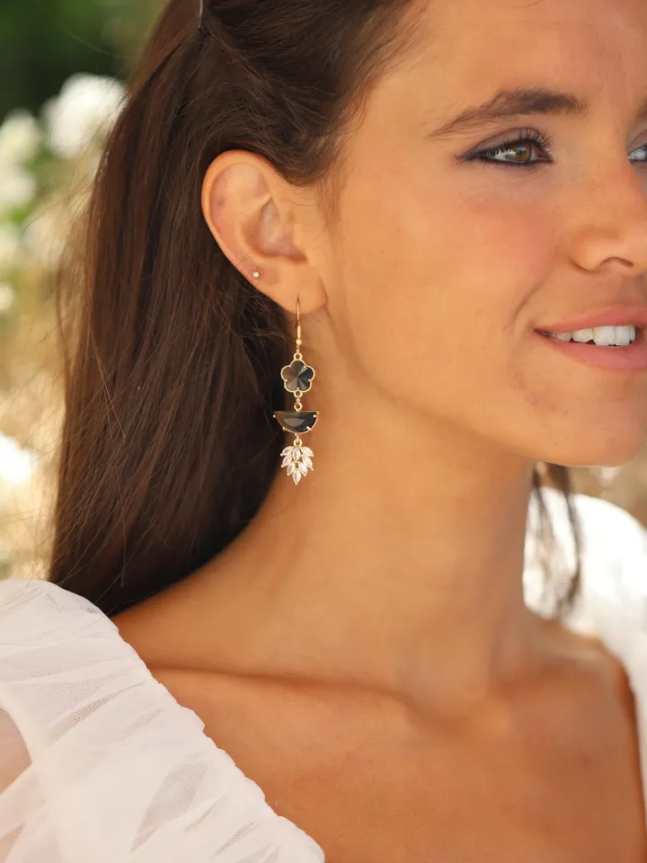 Art Deco Gold Black Wedding Earrings, Boho Bridal Earrings, Swarovski Crystal Chandelier Statement Flower Wedding Earrings, Wedding Jewelry