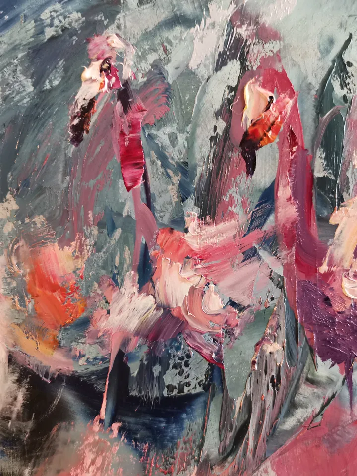 Flamingo Pink Birds Abstract Love Art Original Oil Painting Artist Svinar Oksana