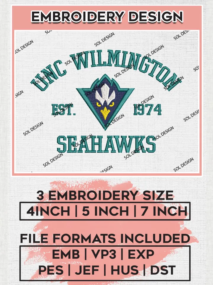 UNC Wilmington Seahawks Est 1974 Logo Embroidery Designs, NCAA UNC Wilmington Seahawks Team Embroidery, NCAA Team Logo, 3 sizes, Machine embroidery Files, Digital Download