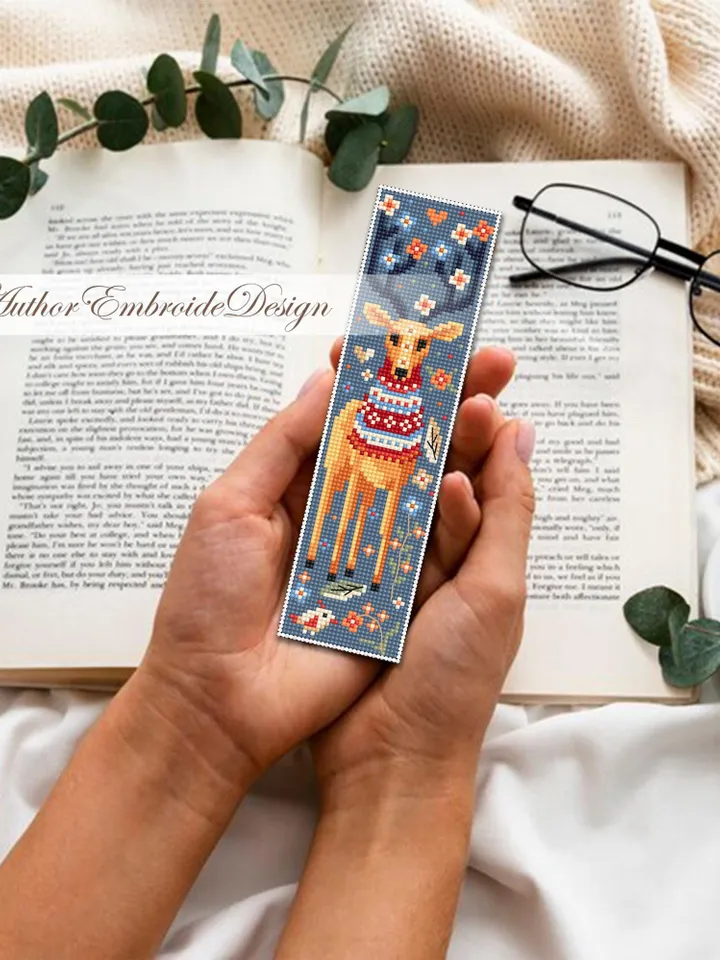 Animal bookmark cross stitch pattern PDF download Scandinavian folk deer cross stitch chart, Flower bookmark pattern digital PDF #B427