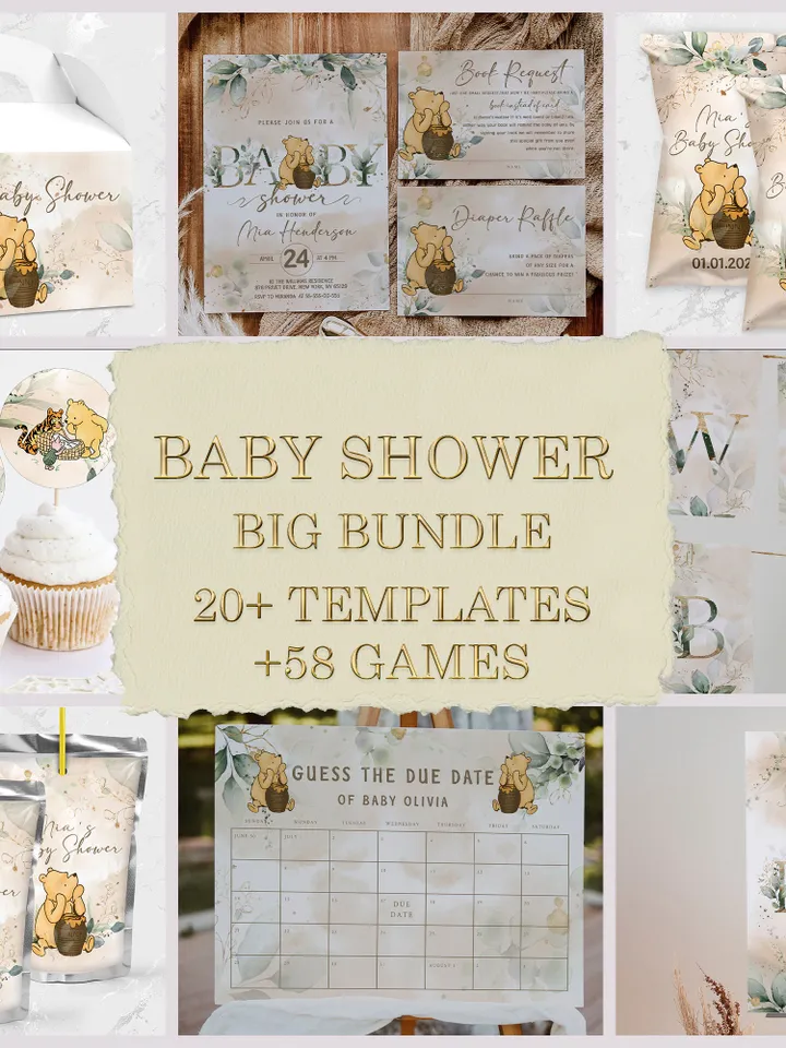 Winnie the Pooh Baby Shower Bundle; Large Winnie the Pooh Baby Shower Set; Honey Bear Baby Shower; We can Bearly Wait shower bundle; wp4