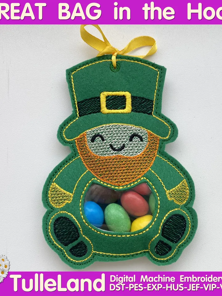 In The Hoop Machine Embroidery design ITH Peekabo Bag St. Patrick Day LeprechaunTreat Bag ITH Pattern.