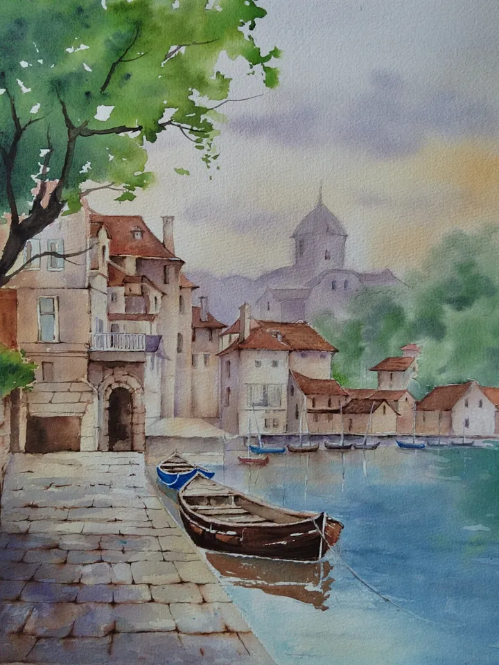 Original Watercolor Painting Cozy Landscape Art Italian Town Artwork Town Siesta Picture Sunny Day 30x40 cm by SoftWaves