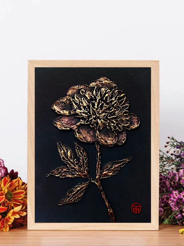 Peony Painting Textured Original Art Bas Relief Small Flower Painting Floral Black Gold Wall Art 8"x 6" By Colibri Art