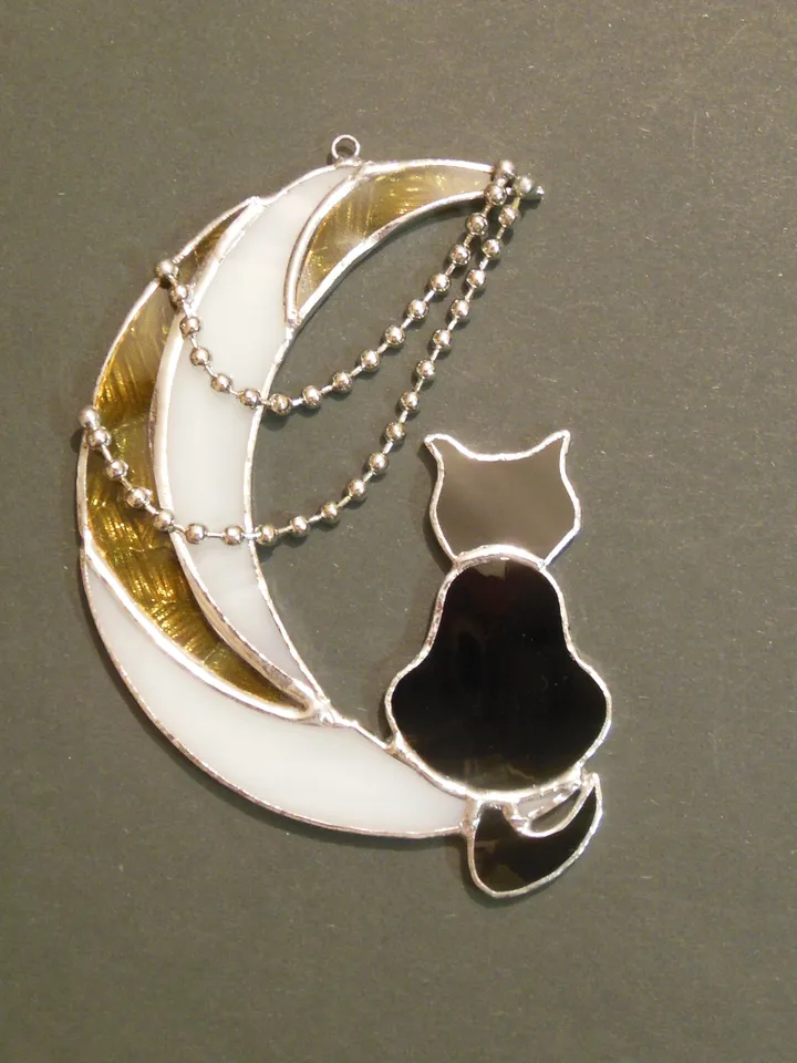 Black Cat On Moon with Chains . Art stained glass hanging Suncatcher . Gift for animal lover , pet loss memorial . White , yellow , black
